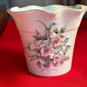 Vintage Lefton China Flower Pot Hand Painted Blue Pink Floral Rose Bisque